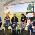 Herbicide resistance discussion panel at the Bayer Crop Science booth at Ag in Motion on Tuesday, July 16. Left to right: Ashley Smith (moderator), Rory Cranston, Chris Mansiere, Shaun Sharpe, Corey Loessin. | Don Norman photo