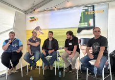 Herbicide resistance discussion panel at the Bayer Crop Science booth at Ag in Motion on Tuesday, July 16. Left to right: Ashley Smith (moderator), Rory Cranston, Chris Mansiere, Shaun Sharpe, Corey Loessin. | Don Norman photo