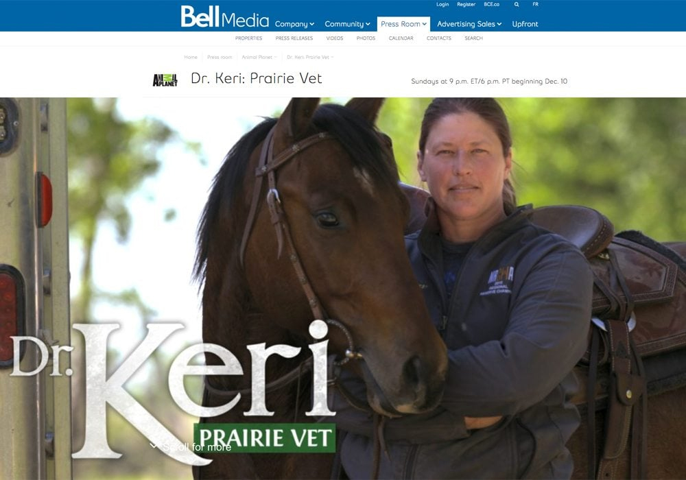 In 2017, Hudson Reykdal became the focus of a three-season documentary series that aired on Animal Planet Canada. The show, titled Dr. Keri: Prairie Vet, documented the sometimes chaotic house calls she made with her mobile clinic. | Screencap via www.bellmedia.ca
