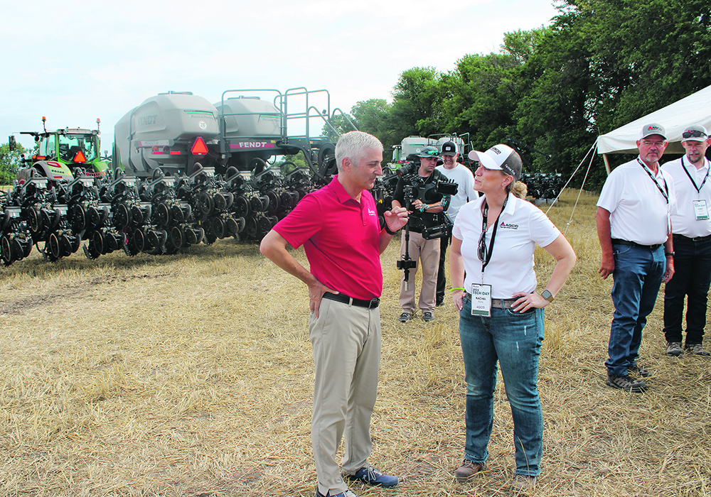 At its 2024 Tech Day held near Salina, Kansas, Agco chief executive officer Eric Hansotia, in the red shirt, and other senior staff sat down for a roundtable discussion, revealing their views on the next major technology to disrupt the ag equipment industry — full autonomy. |   Scott Garvey photo