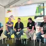 Industry representatives, researchers and farmers discuss the problem of herbicide resistance at the Bayer Crop Science booth at Ag in Motion July 16. Panel moderator Ashley Smith, left, was joined by Rory Cranston and Chris Mansiere of Bayer, Agriculture Canada weed scientist Shaun Sharpe and producer Corey Loessin. | Don Norman photo