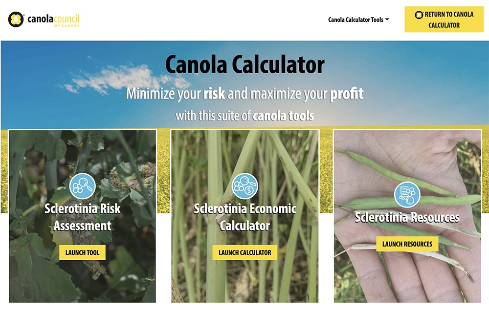 The Canola Council of Canada announced June 26 that three sclerotinia-related links top the page of its Canola Calculator, an online hub that also provides resources and tools for harvest loss, blackleg yield loss estimations, seeding rates, plant density targets and more. | Screencap via canolacouncil.org