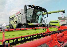 Claas’s new Lexion 8900 Terra Trac made its first North American appearance at the Ag in Motion farm show. The special graphic on the side of the model on display celebrates a significant milestone in Claas combine production. | Scott Garvey photo