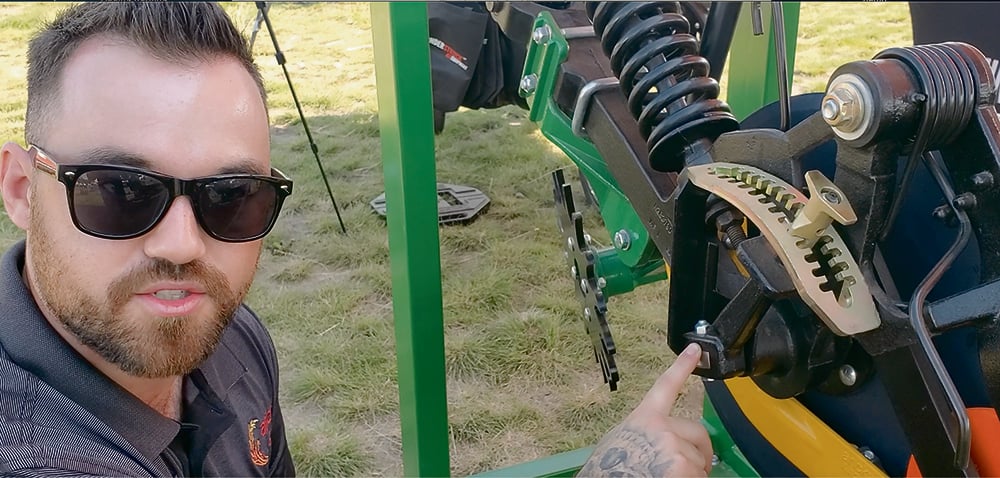 John Deere seed drill specialist Logan Wemyss, who works for Aricks Australia, explains the benefits of the component upgrades offered by that firm, which are designed for 60, 90 and Pro Series drill openers.  |   Scott Garvey photo