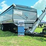 At 5,500 bushels capacity, Elmer’s Manufacturing’s newest Hive mother bin is the company’s smallest. Its largest model has a capacity of 8,250 bushels. | Michael Robin photo