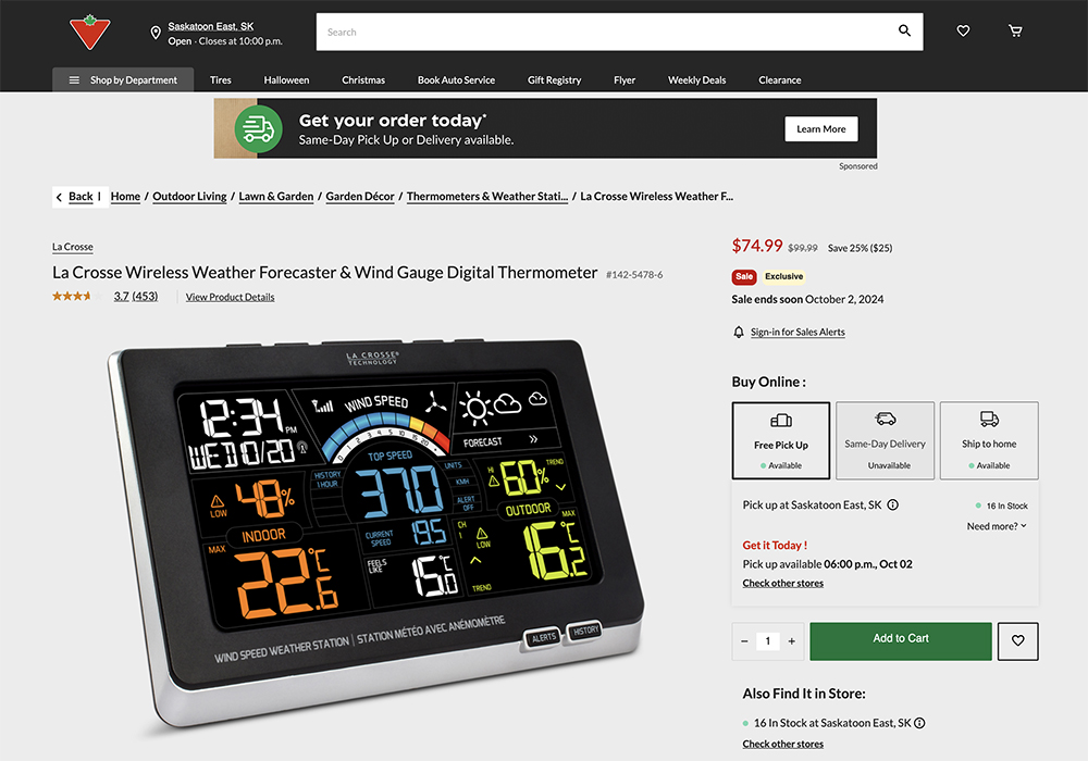 The "value" category ($20 to $100) is where you find most of the Canadian Tire, Walmart or other big box store weather stations. One weather station seems to dominate, and that is La Crosse. | Screencap via canadiantire.ca