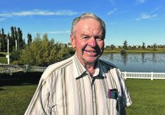 Ed Gaudet, who retired from farming at the age of 83, stands in his Camrose back yard.  |  Mary MacArthur photo