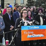Saskatchewan NDP leader Carla Beck speaks at an event outside the Legislative Building in Regina last week. | Karen Briere photo
