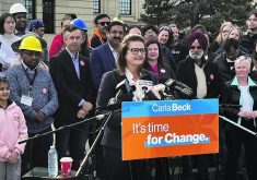 Saskatchewan NDP leader Carla Beck speaks at an event outside the Legislative Building in Regina last week. |  Karen Briere photo
