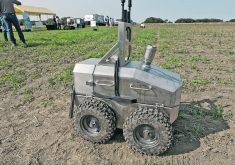 Developed by Upside Robotics of Waterloo, Ont., this small robot is designed to work continuously in a group, travelling between 30-inch corn rows to apply in-season fertilizer.  |  Scott Garvey photo