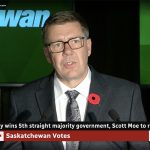 Scott Moe and his Saskatchewan Party will form a fifth consecutive majority government. | Screencap via cbc.ca