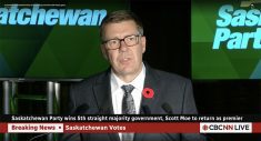 Scott Moe and his Saskatchewan Party will form a fifth consecutive majority government. | Screencap via cbc.ca
