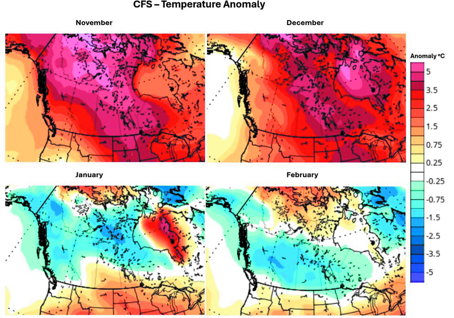 Warmer fall, cooler winter: This series of maps shows the forecasted temperature anomalies in the CFS model for November through February. It forecasts above-average temperatures in November and December and cooling to
below-average temperatures in January and February.