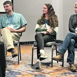 A panel of Nova Scotia farmers addressed the Canadian Farm Writers Federation annual conference in Halifax Oct. 5. From left, dairy and sheep producer Joseph Leck, Webster Farms manager Jordan Eyamie, and beekeeper Lori Kittelsen. | KAREN BRIERE PHOTO