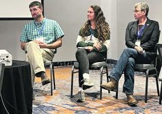 A panel of Nova Scotia farmers addressed the Canadian Farm Writers Federation annual conference in Halifax Oct. 5. From left, dairy and sheep producer Joseph Leck, Webster Farms manager Jordan Eyamie, and beekeeper Lori Kittelsen. | KAREN BRIERE PHOTO