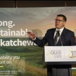 Saskatchewan premier Scott Moe speaks at the 10th Grain Expo during Canadian Western Agribition in 2022. Moe's Saskatchewan Party took its fifth consecutive majority government, albeit much reduced and sharply split along rural and urban lines. | File photo