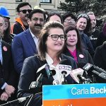 Saskatchewan NDP leader Carla Beck at an event outside the Legislative Building in Regina Oct. 10, 2024. | Karen Briere photo