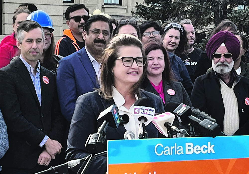 Saskatchewan NDP leader Carla Beck at an event outside the Legislative Building in Regina Oct. 10, 2024.  |  Karen Briere photo
