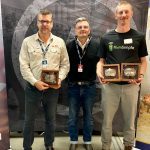 Katlin Lange, right, of Farm Simple, and Darren Wolchyn of Smart Paddock, are shown with Dave Belof, managing partner for Saskatchewan for Deloitte, a sponsor of the Animal Ag Tech Awards at Agribition. | John Greig photo