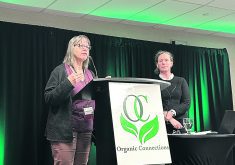 Cathy Holtslander of the National Farmers Union speaks at the Organic Connections Conference in Saskatoon. | Janelle Rudolph photo
