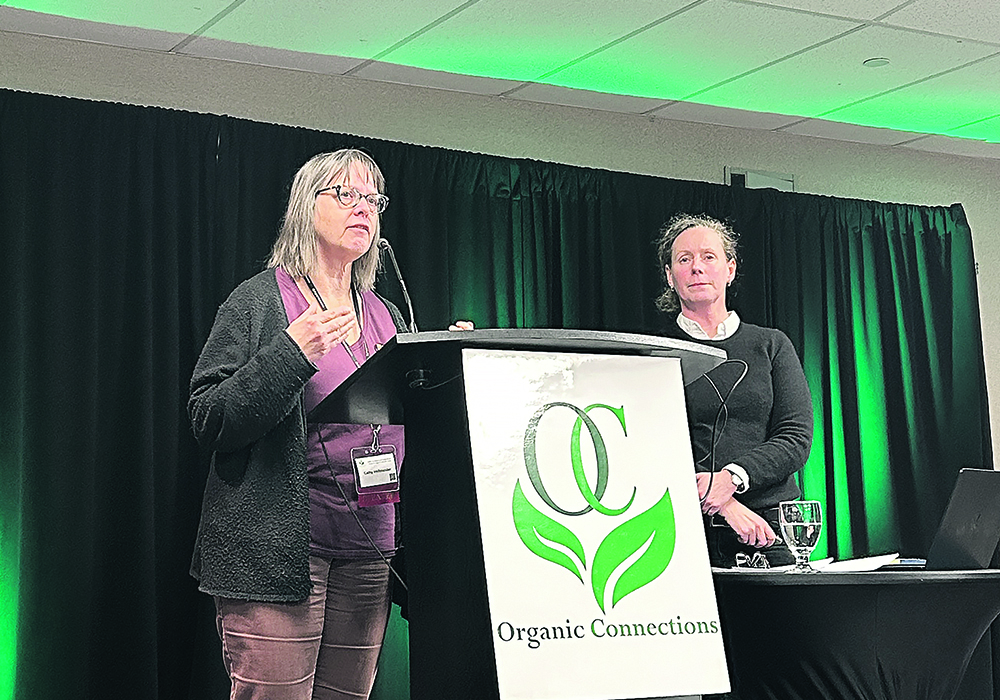 Cathy Holtslander of the National Farmers Union speaks at the Organic Connections Conference in Saskatoon. | Janelle Rudolph photo