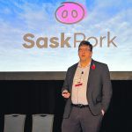 Stephen Heckbert speaks at the SaskPork Symposium in November. | Janelle Rudolph photo