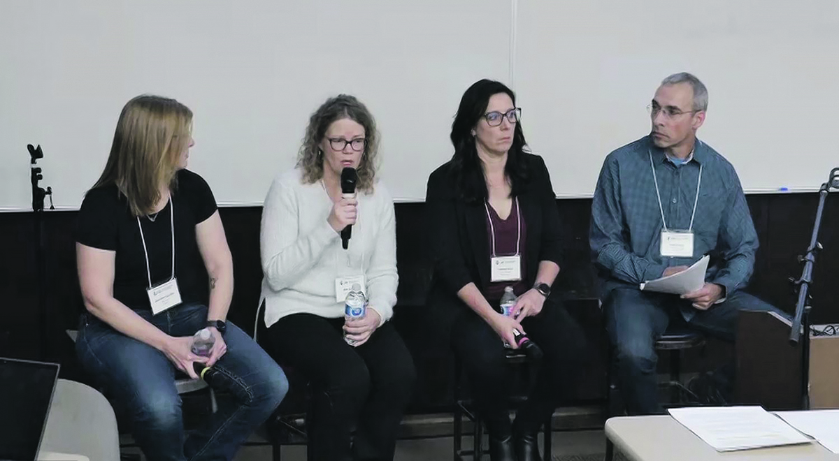 Weed specialists Jeanette Gaultier, left, of BASF, Kim Brown of Manitoba Agriculture and Tammy Jones of Corteva participate in a panel at this year’s Manitoba Agronomists Conference, moderated by plant science professor Rob Gulden. | Screen capture