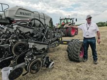 Agco marketing manager Mark Brungardt explains the features of the Fendt Momentum planter at a Tech Day event in Salina, Kansas, in June.  |  Scott Garvey photo