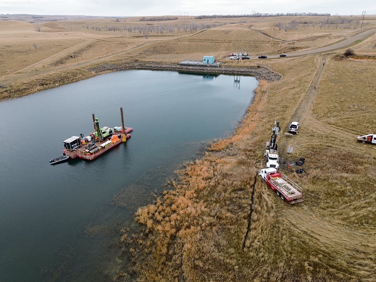 Field work was underway this fall on land and in the water for the Westside Irrigation Rehabilitation Project on Lake Diefenbaker. Soil sampling and assessing current infrastructure are part of the work. |  Water Security Agency photo