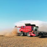 Jason Waldenberger’s combine in action soon after his Seed Terminator was installed in the field. | Photo courtesy of Jason Waldenberger