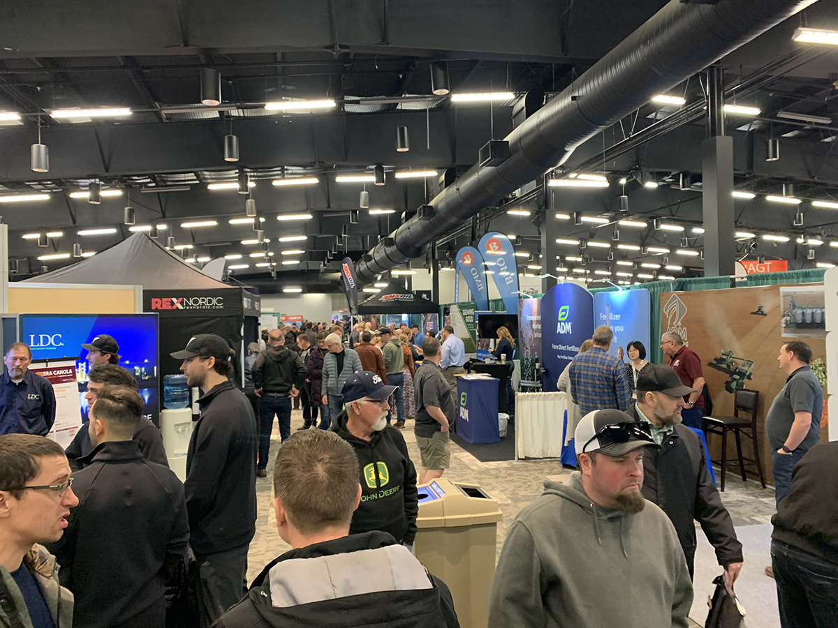 The show floor is crowded with visitors to the 2025 Crop Production Show in Saskatoon.