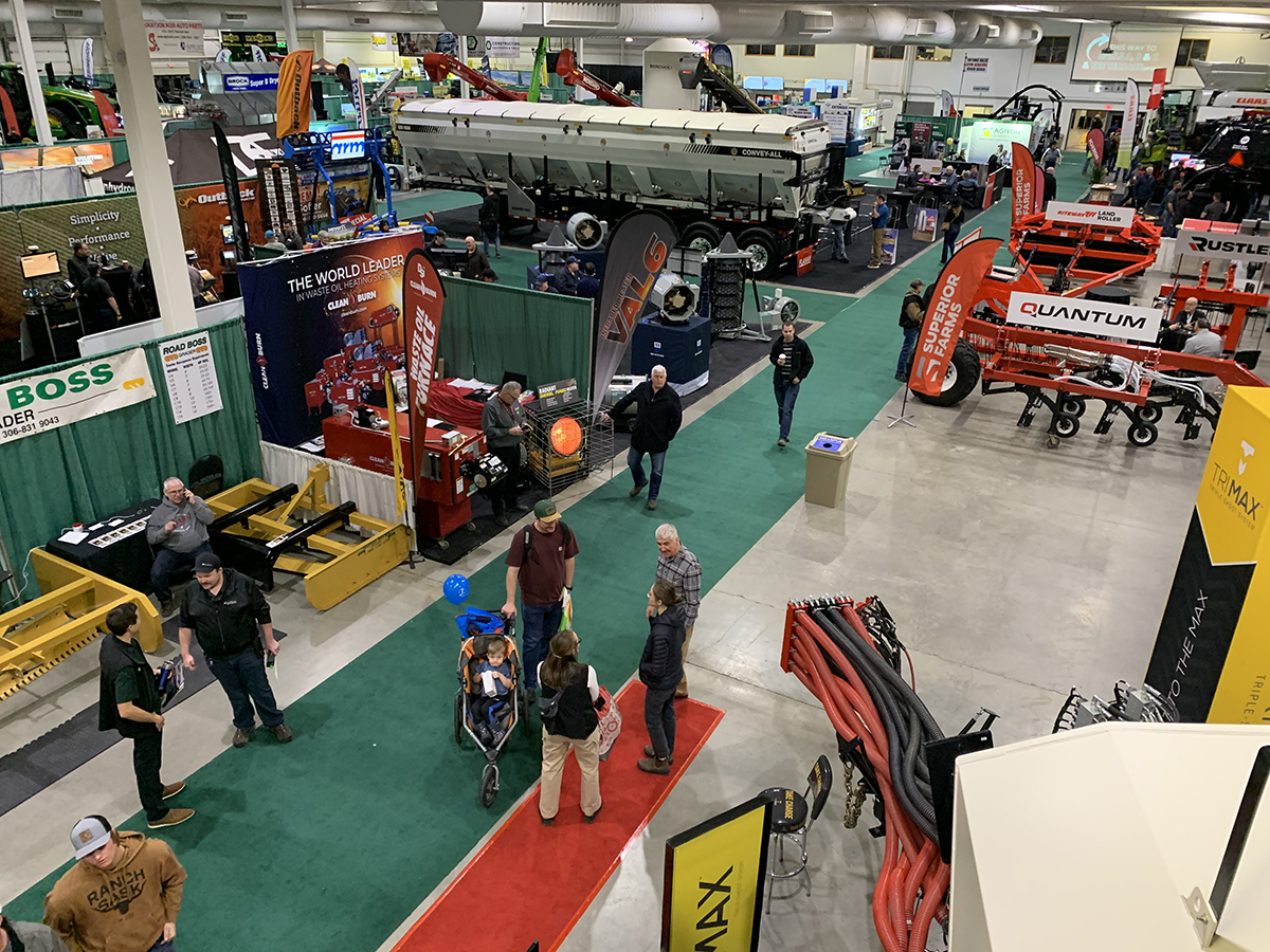 An overhead view of some of the machinery on display at the 2025 Crop Production Show in Saskatoon.