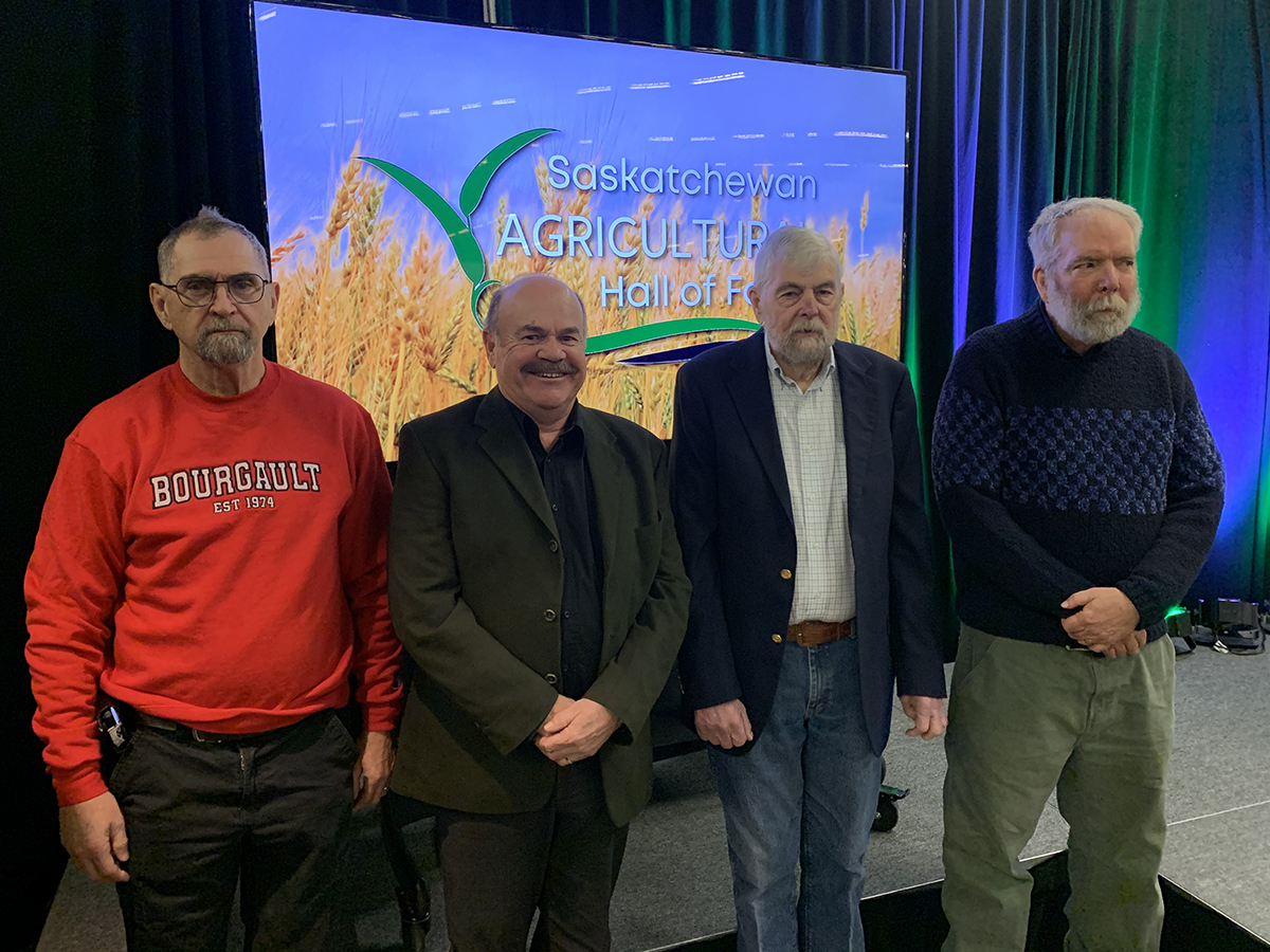 Gerry Bourgault, Bill WIlson, Grant Royan and Bob Bors are introduced as four of the six 2025 inductees to the Saskatchewan Agricultural Hall of Fame at the 2025 Crop Production Show in Saskatoon today.
