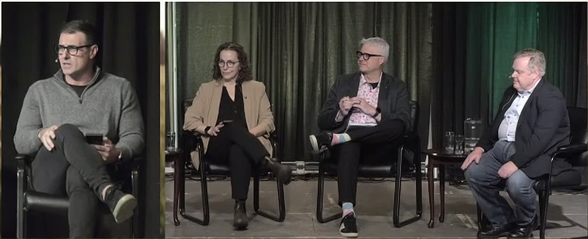 A screen capture of four panelists - moderator Shaun Haney, left, Angela Bedard-Haughn, Bill Greuel and Steve Webb participating in a discussion on agriculture research today during the 2025 Crop Production Show in Saskatoon.