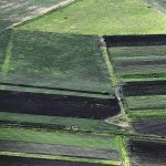 An aerial photo of a truck on a road in Argentina with a patchwork of different crops visible around it.