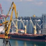 A grain ship at dock in a Ukrainian port.
