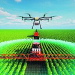 A graphic image of a drone hovering above a farm field with other autonomous vehicles working in it.
