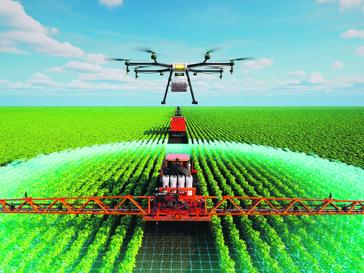 A graphic image of a drone hovering above a farm field with other autonomous vehicles working in it.