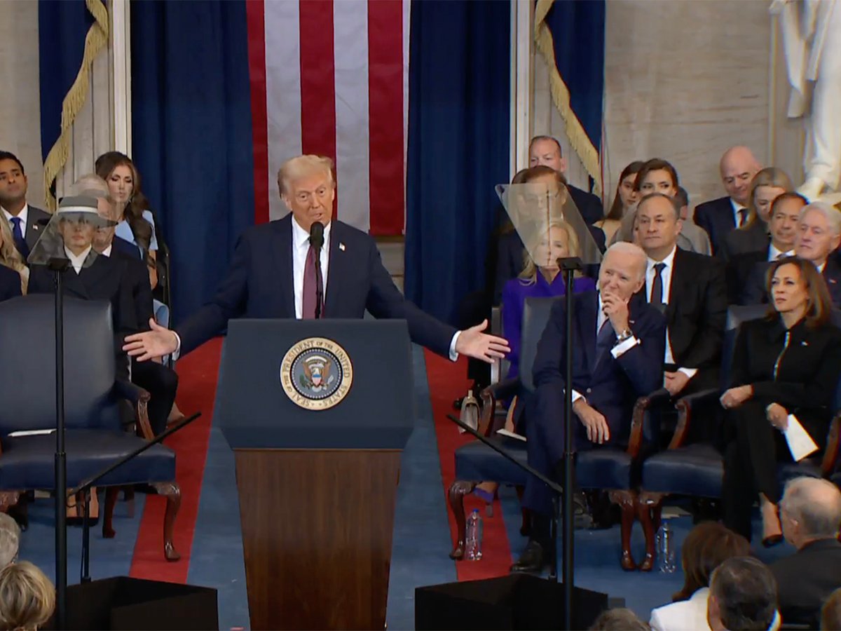 Donald Trump delivers his inauguration speech while outgoing president Joe Biden and vice-president Kamala Harris are seated to his left.