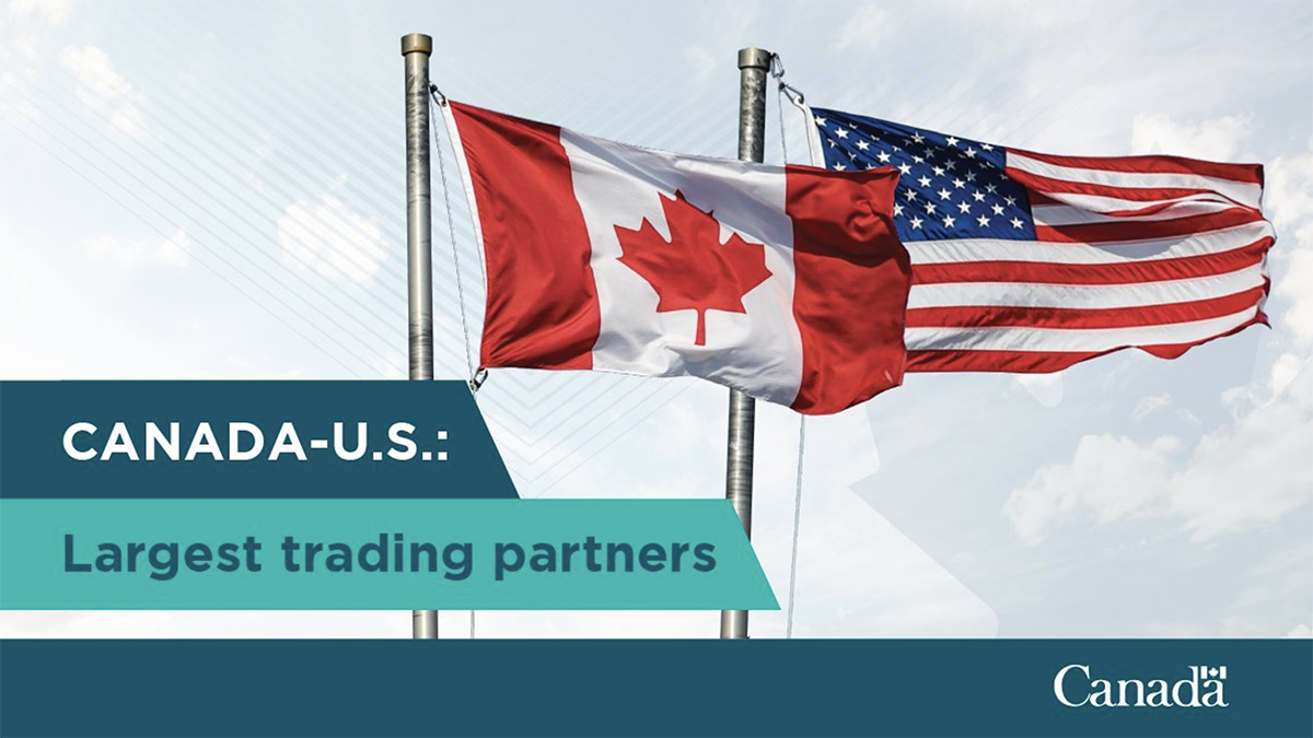 Canadian and American flags fly next to one another, text on the image says, "Canada-U.S.: Largest trading partners."