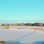 A line of trucks pulling cattle trailers snakes into the distance.