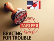 Graphic showing a half-U.S.-half-Canada flag above a "tariffs" stamp and the words, "Bracing for Trouble" below.