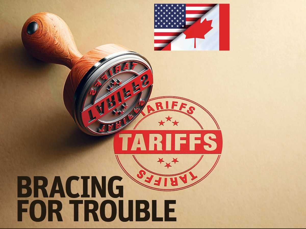 Graphic showing a half-U.S.-half-Canada flag above a "tariffs" stamp and the words, "Bracing for Trouble" below.
