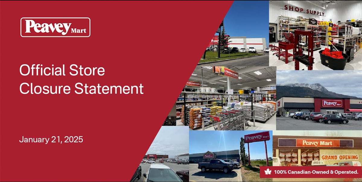 Screencap of the Peavey Mart notification of closure from their corporate Facebook page.