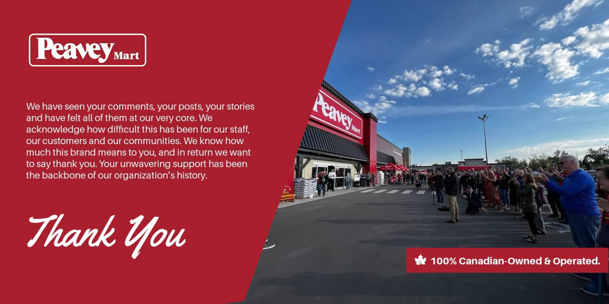A crowd of people in a Peavey Mart parking lot and a text message thanking their customers for their support over the years.