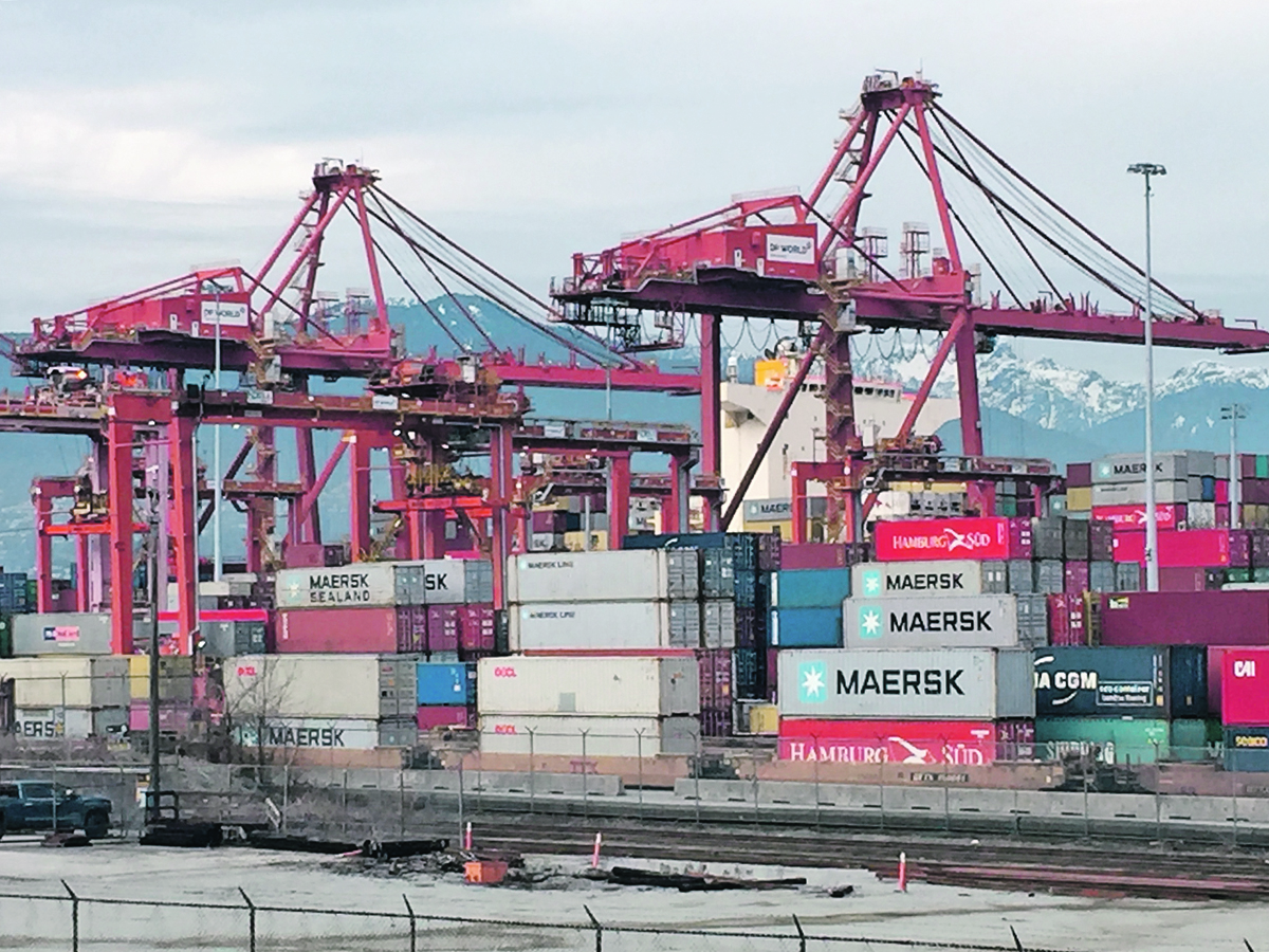 Shipping containers sit stacked on the dock beneath large cranes with the mountains in the background at the Port of Vancouver.