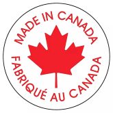 A large red maple leaf on a white background with the words, "Made in Canada" above it in english, and in french below.