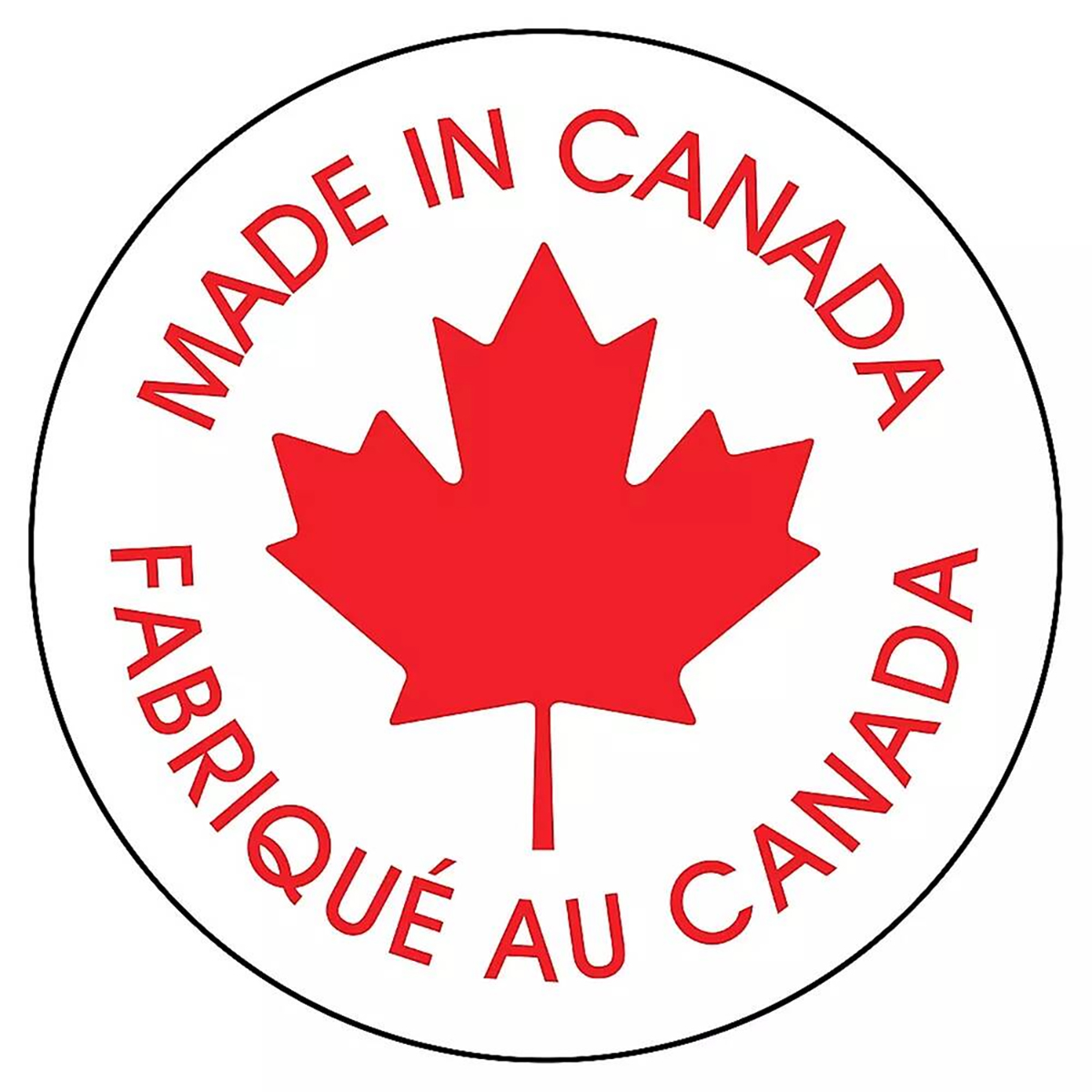 A large red maple leaf on a white background with the words, "Made in Canada" above it in english, and in french below.