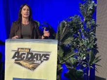 Justine Cornelson from BrettYoung Seeds speaks about verticillium at Manitoba AgDays in Brandon in January, 2025.