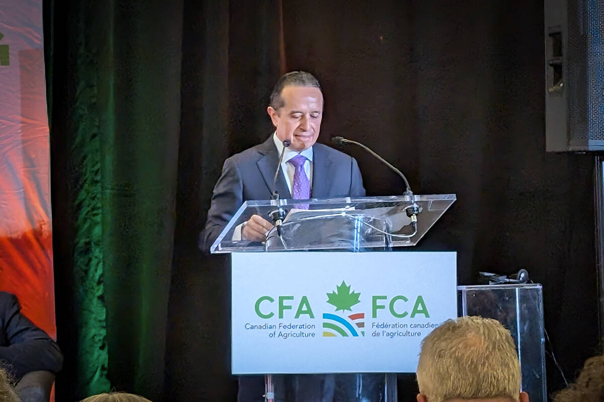 Mexican Ambassador to Canada Carlos Joaquin González speaks at the Canadian Federation of Agriculture AGM Feb. 25 | Jonah Grignon photo